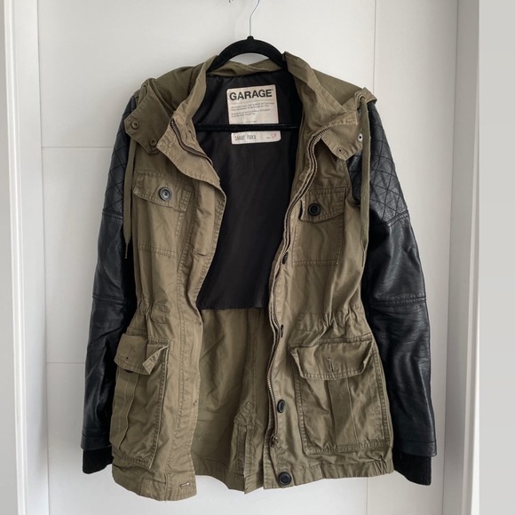 Garage army green parka jacket w/ black leather sleeves. Gently worn. Size Small - Picture 1 of 2